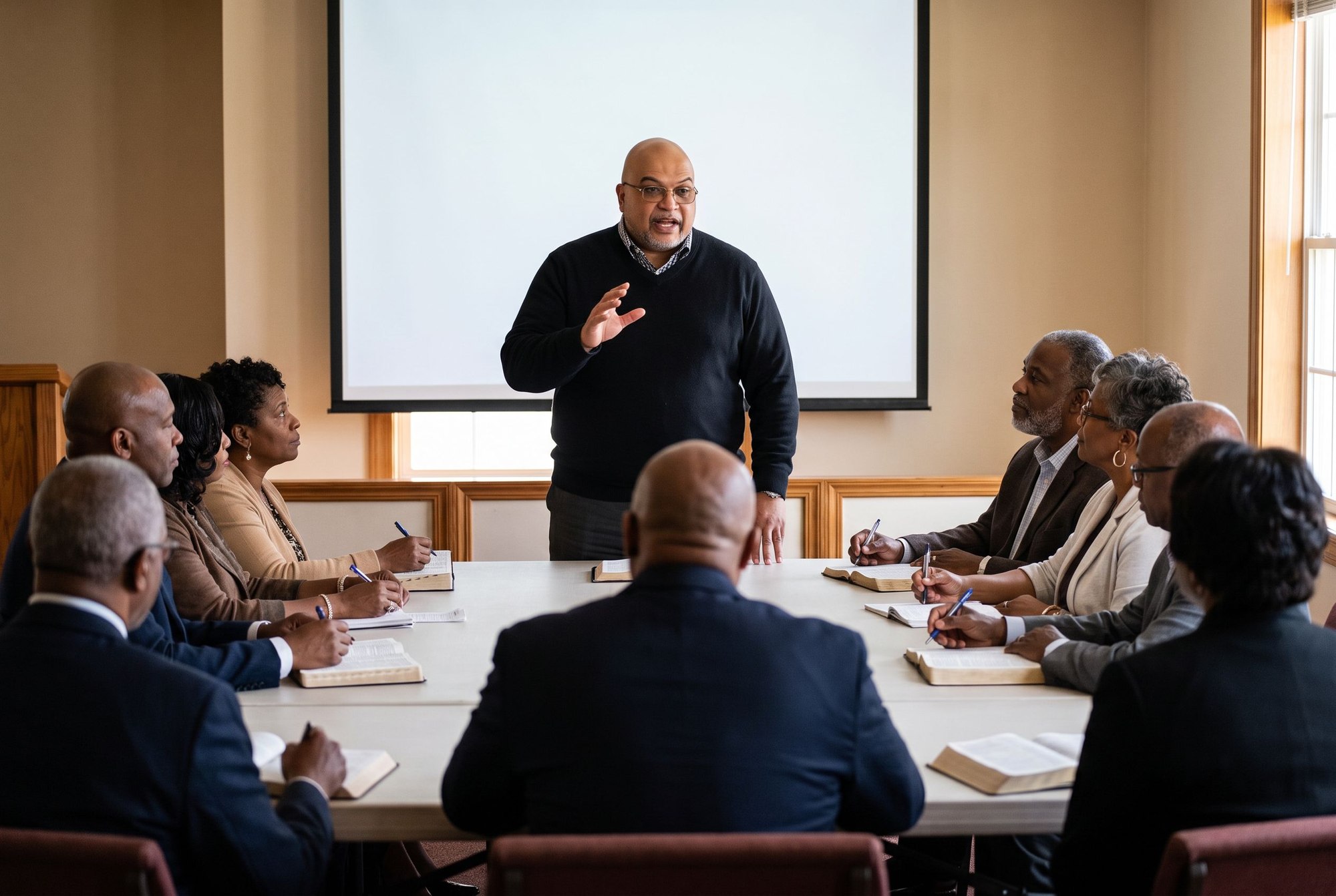 A teacher leading church leaders seated around a table with open Bibles